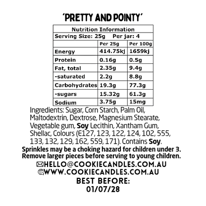 Nutrition information label for a unicorn sprinkles with detailed nutritional facts and ingredient list.